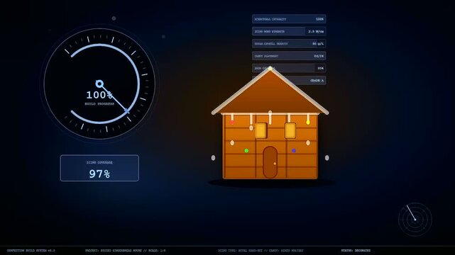 Spiced autumn baking emerges as digital gingerbread house construction progresses through various stages inside a sleek dark interface monitoring growth and progress in real time