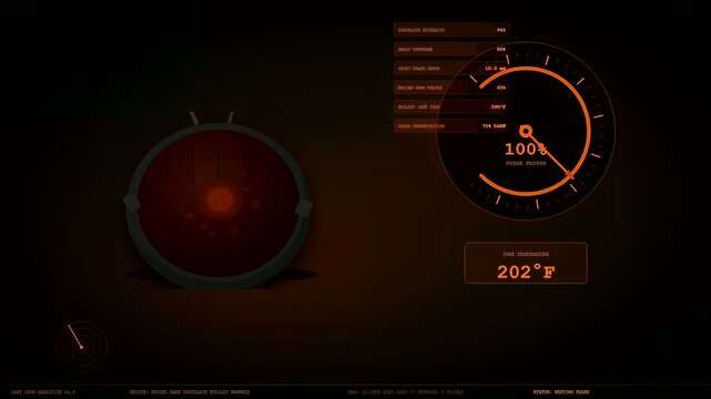 Monitoring the status of spiced autumn baking progress with digital circular gauges showing rising heat levels and thermal measurement data on a dark screen interface
