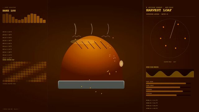 The process of spiced autumn baking is illustrated with complex digital analytical data overlays tracking the rising dough inside a glowing warm simulated oven environment interface