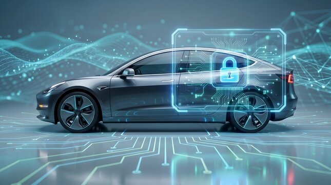 Automotive Data Protection and Cyber Security Hologram Overlay on Modern Car