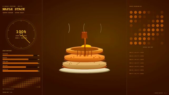 Spiced autumn baking visualized through a digital interface displaying nutritional statistics as layers of fluffy cooked batter rise and become topped with warm golden syrup