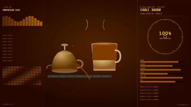 Spiced autumn baking tea infusion process displayed on a digital interface showing liquid volume changes and heating progress bars inside a minimal brown environment