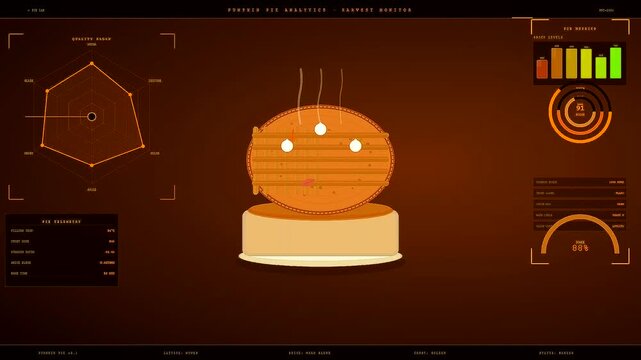 Spiced autumn baking analysis shown on a digital monitor interface with shifting pie temperature levels and golden radial charts appearing in three consecutive progress shots