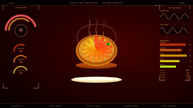 Spiced autumn baking analysis displays a digital culinary simulation where apple slices are arranged systematically upon a glowing surface within a dark graphical interface environment