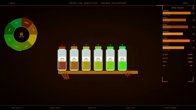 Spiced autumn baking ingredients neatly organized on a digital dashboard interface showing incremental progress filling glass vials with colorful aromatic powders in a dark room
