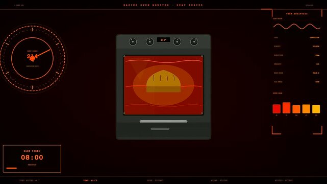 Watching the progress of spiced autumn baking through digital interface panels featuring oven timers and thermal status graphics during a modern culinary session in a dark kitchen