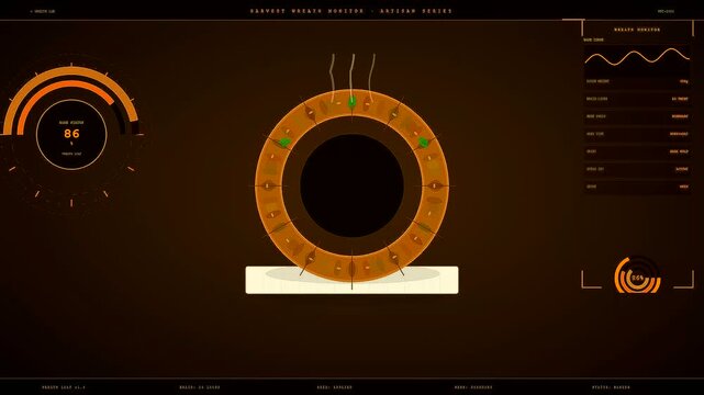 Spiced autumn baking cycle represented by a circular cooking interface showing incremental progress and temperature rising on a digital display during the culinary preparation process