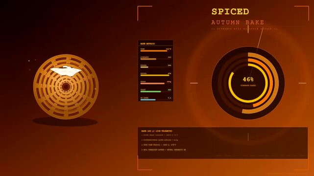 Spiced autumn baking interface display showing digital metrics and data tracking cycles on a warm gradient orange screen during a festive kitchen cooking process