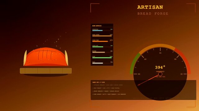 Spiced autumn baking cycle displays the progressive transformation of raw dough into a golden loaf through a simulated digital culinary interface on a dark screen
