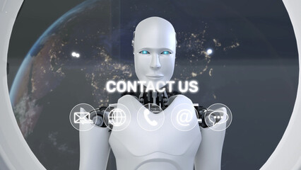 A sleek, futuristic robot stands against a backdrop of Earth, prominently showcasing a "Contact Us" message alongside various communication icons. Synapse © InfiniteFlow