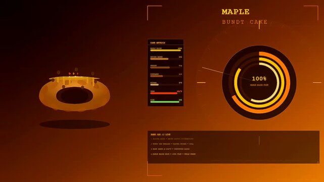 Spiced autumn baking analysis shown through a digital interface displaying rising temperature levels while the circular progress bar tracks the cake cooking process over time