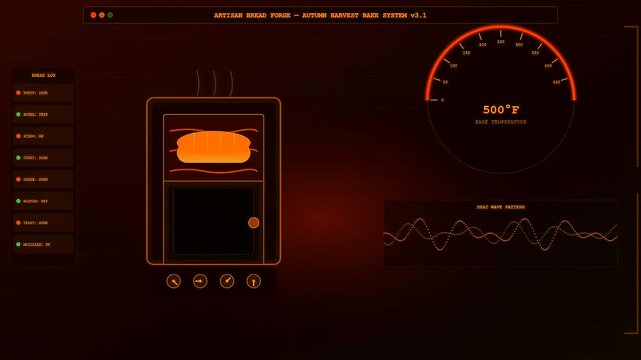The process of spiced autumn baking is shown on a digital interface screen as the temperature rises steadily from zero to five hundred degrees Fahrenheit