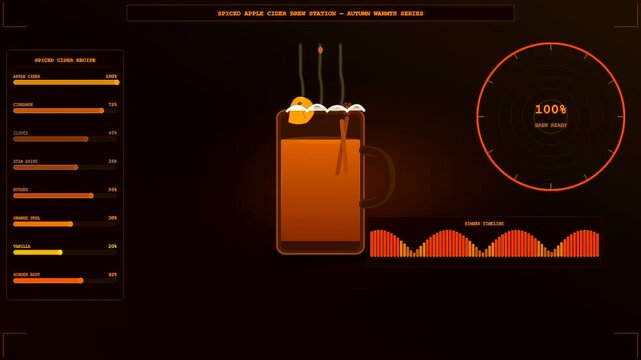 A digital spiced autumn baking simulation interface displaying ingredient levels and a warming mug progress animation within a dark futuristic glowing orange menu overlay system
