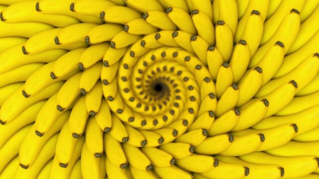 A mesmerizing 3D animation featuring ripe yellow bananas arranged in a perfectly symmetrical circular flower pattern. The bananas gracefully swirl and rotate in a seamless loop