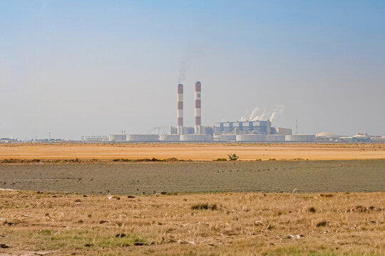 Distant view of Yanbu 3 power and desalination plant constructed by SEPCO in the desert of Saudi Arabia