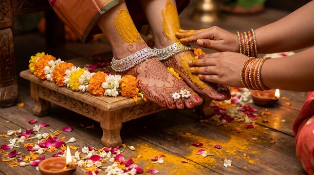 Close up of bride feet during Haldi ritual, Applying yellow turmeric paste with silver anklets, Traditional South Asian wedding details on feet, Elegant floral jewelry and marigolds background