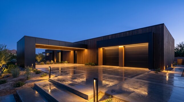 Modern luxury house exterior at twilight featuring a dark double garage, a large illuminated carport canopy, and an empty wet concrete driveway with reflections. Contemporary real estate