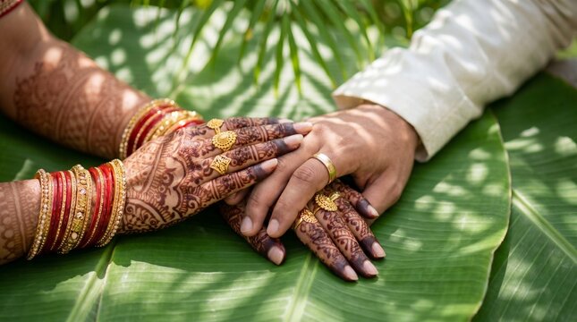 Intertwined hands of South Asian bride and groom, Close up of detailed bridal henna and wedding rings, Intimate connection over green banana leaves background