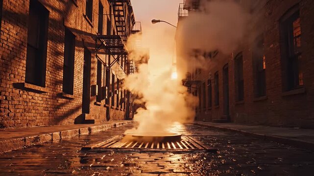 Smoke rising from city street grate.