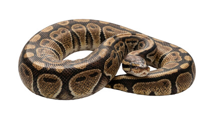 Fototapeta premium Ball Python Coiled: A detailed close-up of a ball python, showcasing its intricate brown and tan patterned scales as it coils gracefully.