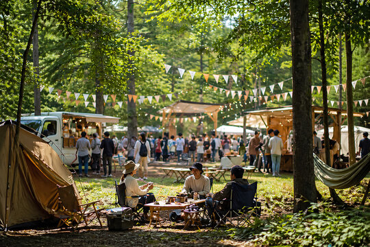 Relaxing forest camping market with tents and outdoor cafe gathering