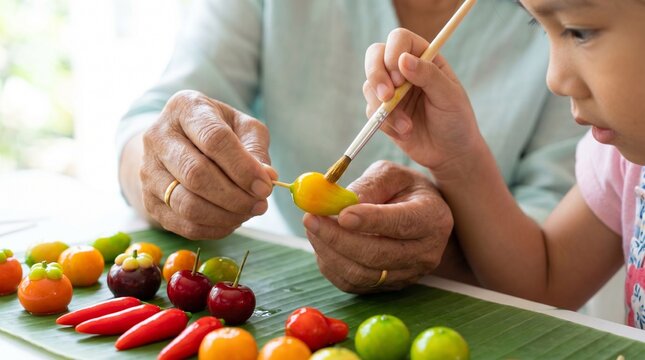 Southeast Asian grandmother teaching granddaughter to paint luk chup, Miniature fruit shaped mung bean sweets preparation, Macro close up of artisan food coloring process, Vibrant traditional Thai