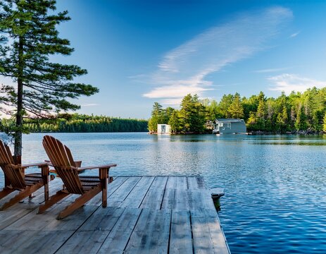 the calm blue lake in muskoka ripples gently likely from a passing boat cozy cabins sit among the trees overlooking the water two adirondack chairs rest on a wooden dock facing the view