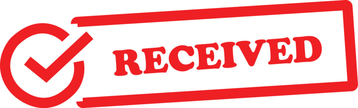 Red received rubber stamp with check mark icon, rectangular office stamp for document processing, red ink mail delivery and logistics vector
