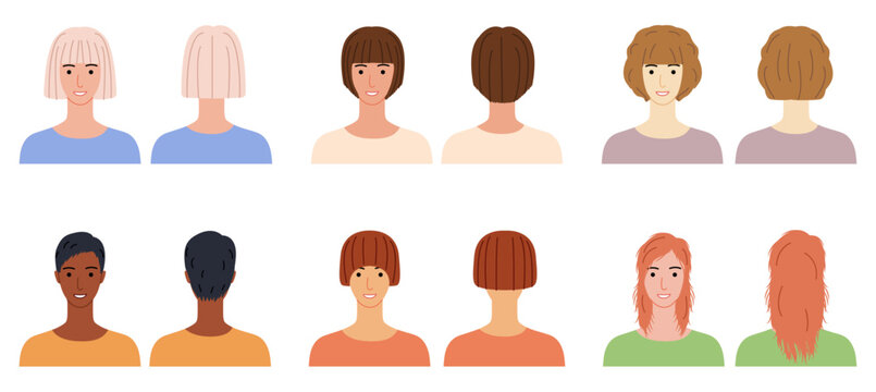 Classic haircut technical drawing set with labeled bob, bowl cut, pixie, layered and curl under hairstyles, black and white multi view diagrams for hairdresser training and reference