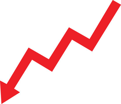 Red downward arrow showing financial loss, declining business graph with jagged line, negative economic trend vector illustration for market crash