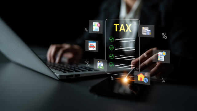 A professional working on tax preparation using digital tools and interfaces. Visual elements represent financial documents and calculations in a modern office environment. Cyphers