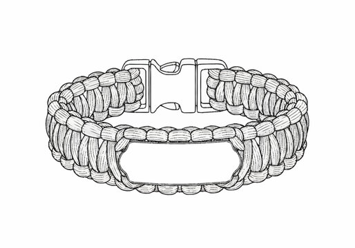 Detailed sketch of a paracord survival bracelet with an identification plate and buckle.