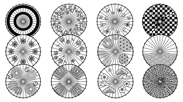 Japanese parasol collection with traditional patterns and oriental floral design elements.