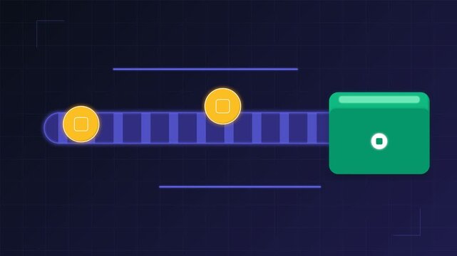 Digital Currency Transaction Animation Featuring Moving Gold Coins on Conveyor Belt.