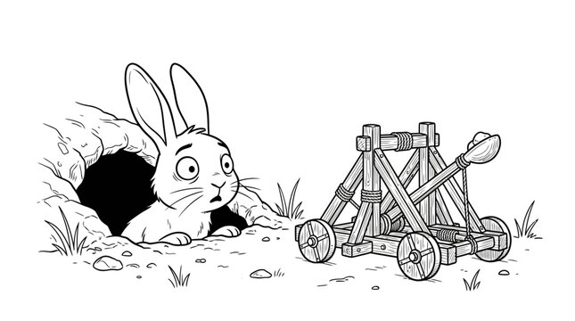 Cute rabbit peeking from burrow in grassy field with handmade wooden trap illustration