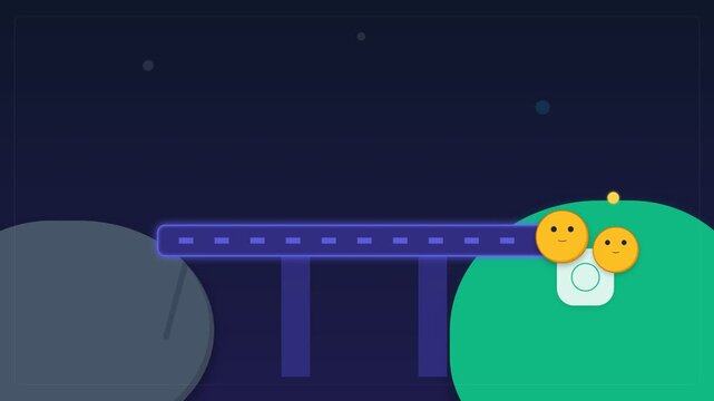 Animated cartoon character rolling across a bridge between two planets in space.