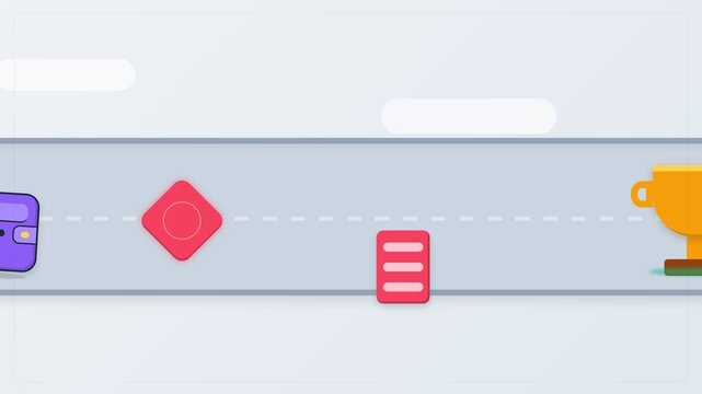 Animated Purple Wallet Moving Along a Path Towards a Golden Trophy Goal.