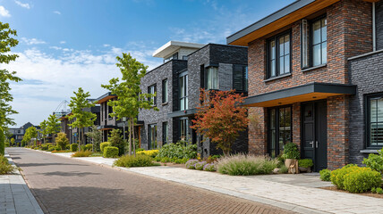 Obraz premium Street view of modern brick townhouses in a new residential neighborhood. Contemporary architecture in a suburban real estate development on a sunny day