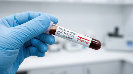 Fototapeta premium Gloved hand holding a blood test tube with a positive viral panel result. Close-up of medical sample in a laboratory setting. Healthcare and diagnostic concept
