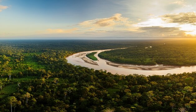 panoramic shot of peruvian amazon selva peruana winding river surrounded by dense rainforest golden hour lighting adventure travel photography