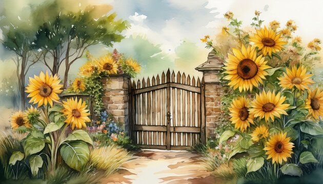 watercolor sunflowers and rustic garden gate scenery
