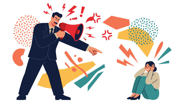 Boss yelling at employee with megaphone concept of toxic workplace vector.