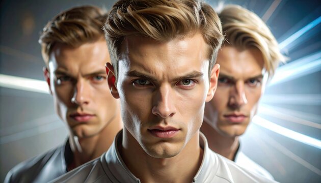 Three identical handsome men with intense gaze and futuristic background.