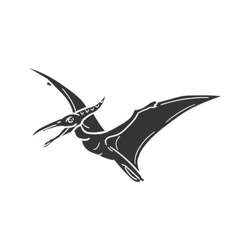 Black and white flying pteranodon dinosaur vector icon for creative graphic design