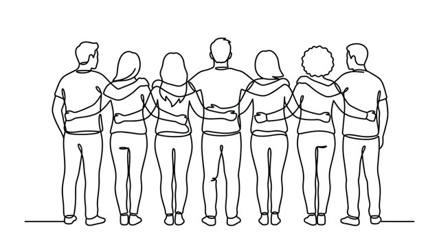 Continuous one line drawing of a group of diverse friends standing together with arms around each other.