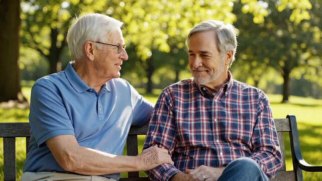 Two elderly men sit on a wooden bench in a sunny park, engaged in a deep conversation. The atmosphere is supportive and friendly, highlighting male friendship. Ideal for retirement planning.