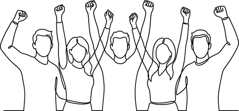 Continuous line drawing of a diverse group of people celebrating with raised arms.