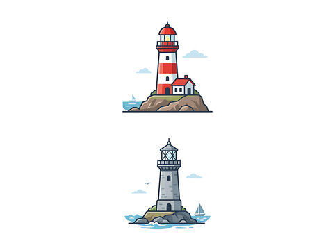 Red and white lighthouses on rocky coastlines.