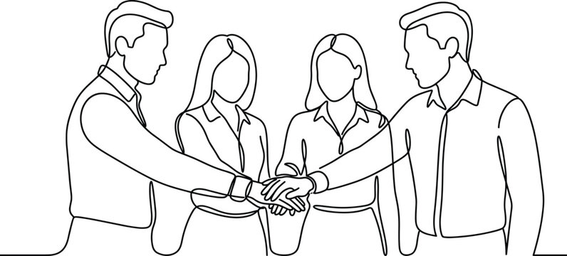Continuous line drawing of a diverse business team joining hands together for unity and cooperation.