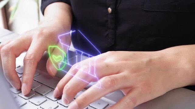 Protection and security in banking services. Close-up of a professional woman using a computer with a virtual bank icon featuring a shield and a checkmark.